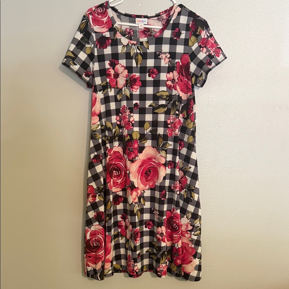 LuLaRoe Black and White Checkered Midi Dress with Pink Floral